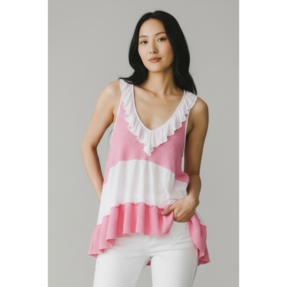 POL Pink Ruffle V Neck Tunic Tank | Sleeveless Color Block Flowy Boho Top - Picture 6 of 6